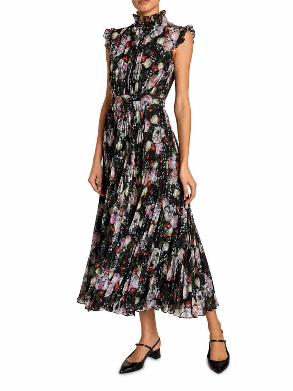 Erdem Roisin Floral Pleated Sleeveless Midi Dress Black Multi